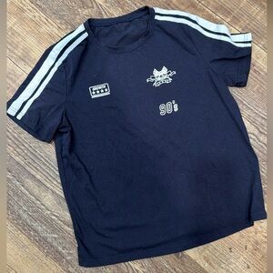 Navy T-Shirt with White Stripes and 90's Graphic